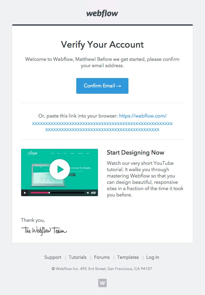 Verification Email Example from Webflow